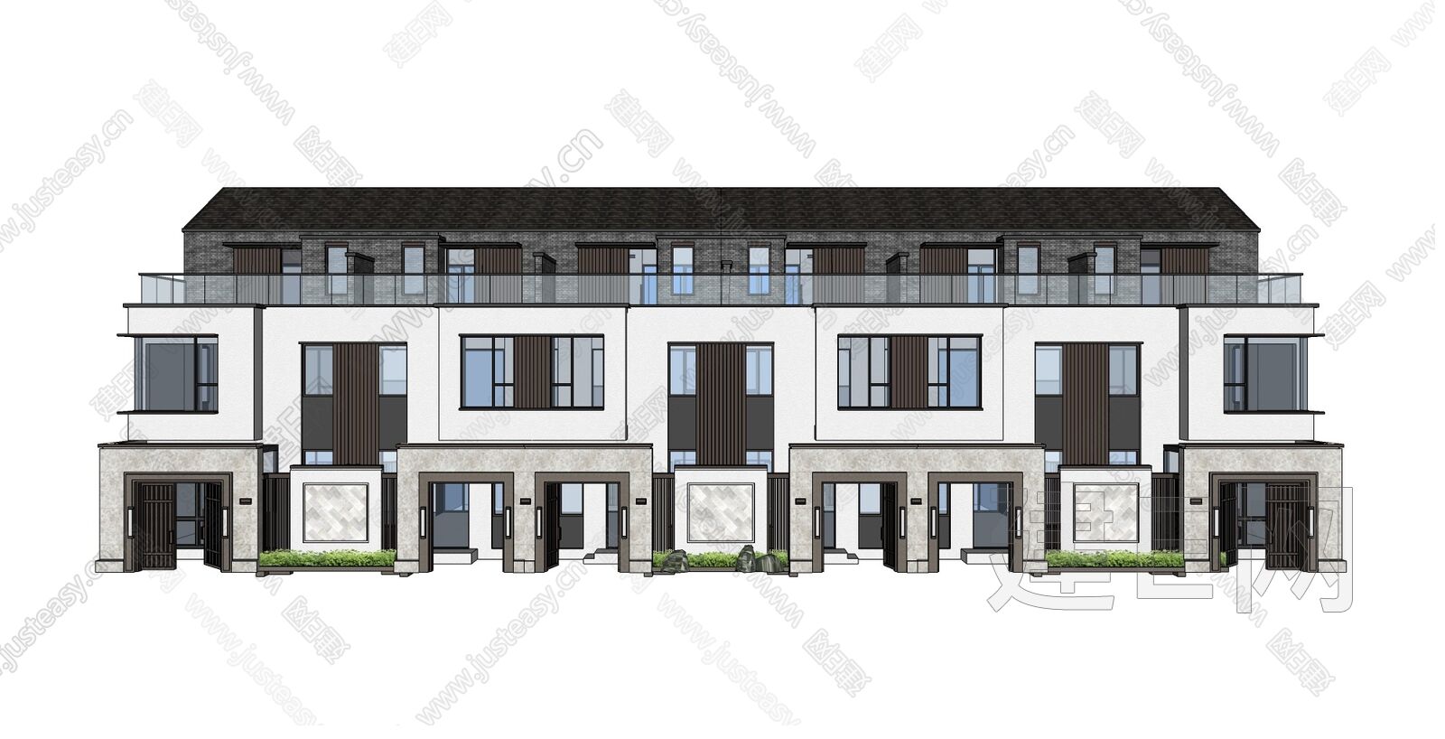 新中式联排别墅模型SU模型下载[ID:113328711]_建e网su模型