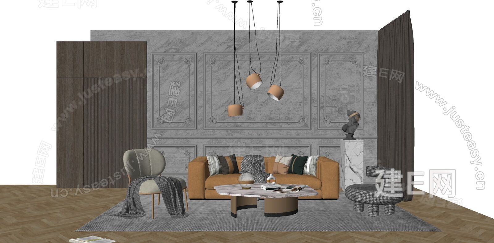 现代沙发茶几组合模型SU模型下载[ID:113394283]_建e网su模型