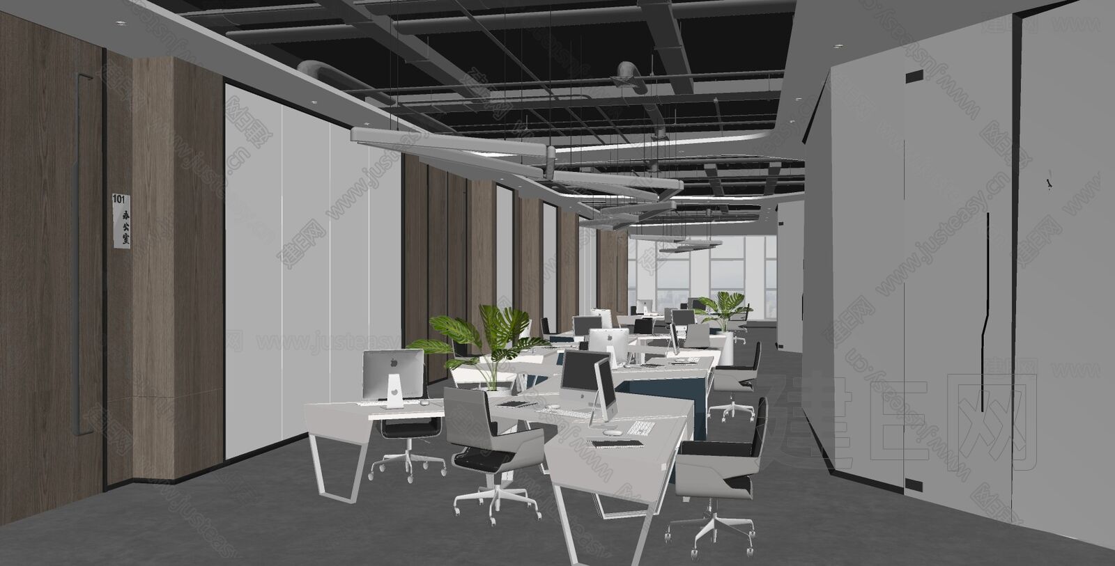 现代敞开式办公区模型SU模型下载[ID:114704952]_建e网su模型