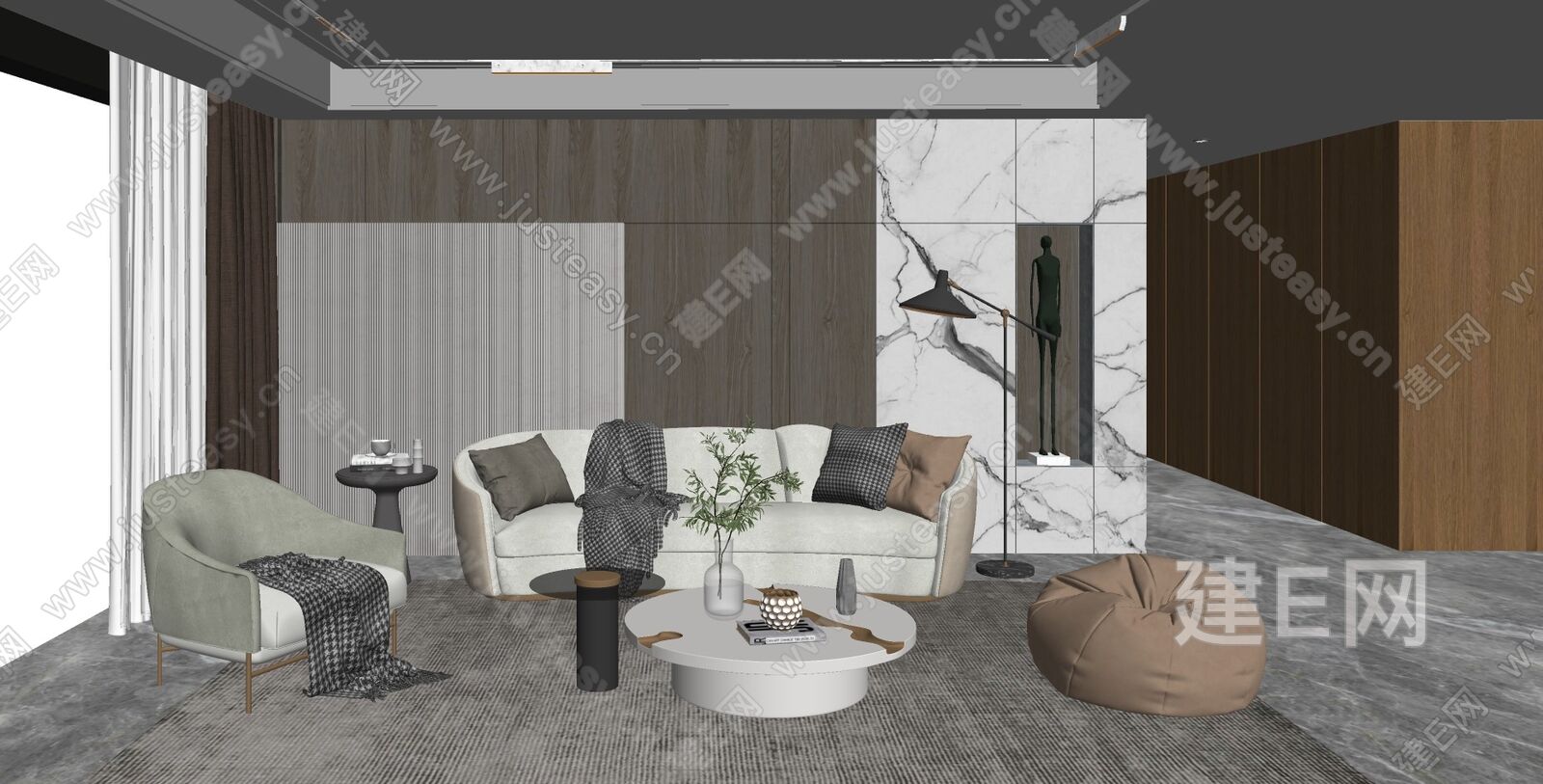现代沙发茶几摆件模型SU模型下载[ID:114704939]_建E室内设计网