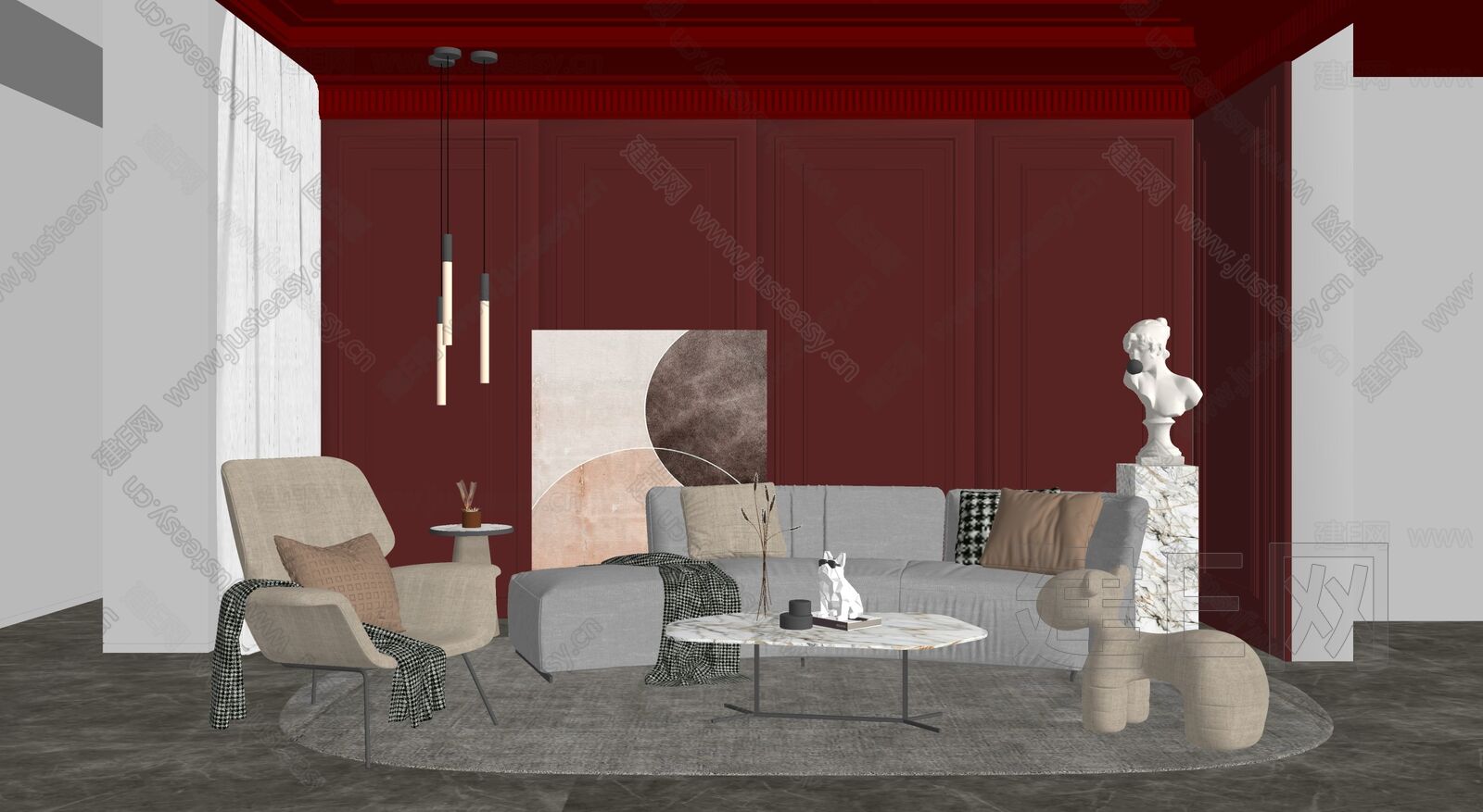 现代沙发茶几组合模型SU模型下载[ID:114901534]_建E室内设计网