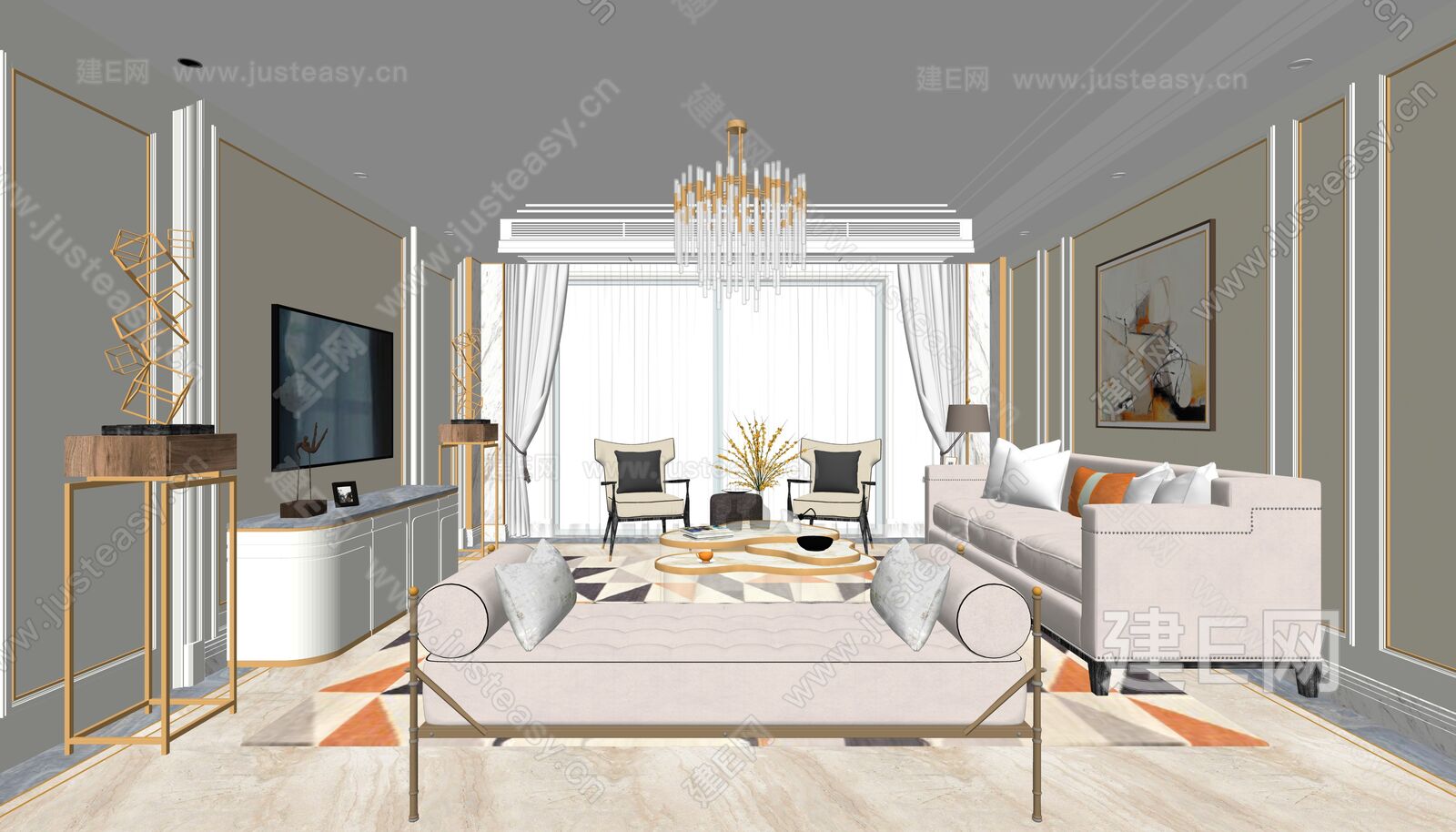 简欧客厅模型SU模型下载[ID:116146916]_建e网su模型