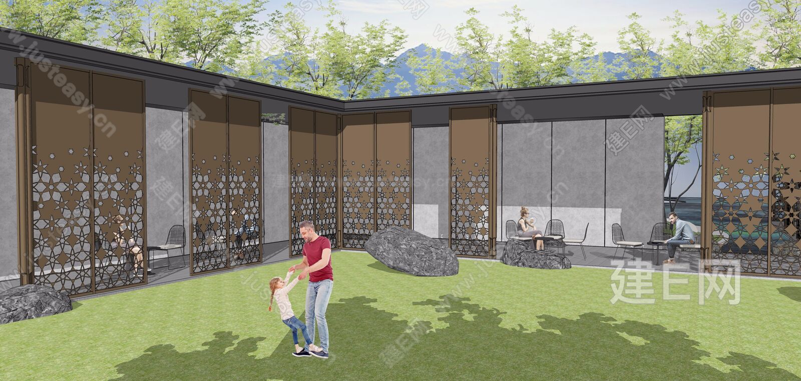 新中式景观镂空廊架模型SU模型下载[ID:116540077]_建e网su模型
