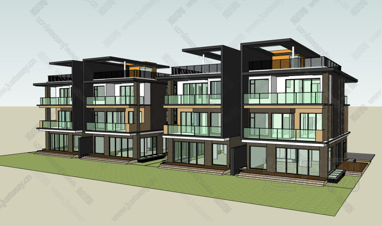 现代联排别墅模型SU模型下载[ID:117129771]_建e网su模型