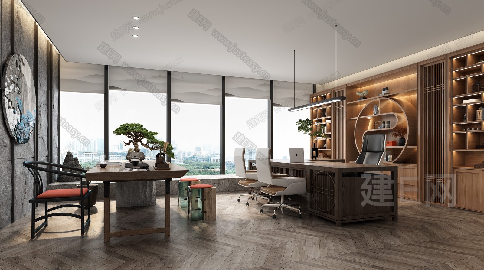 新中式办公室3d模型下载[ID:104024238]_建e网3d模型