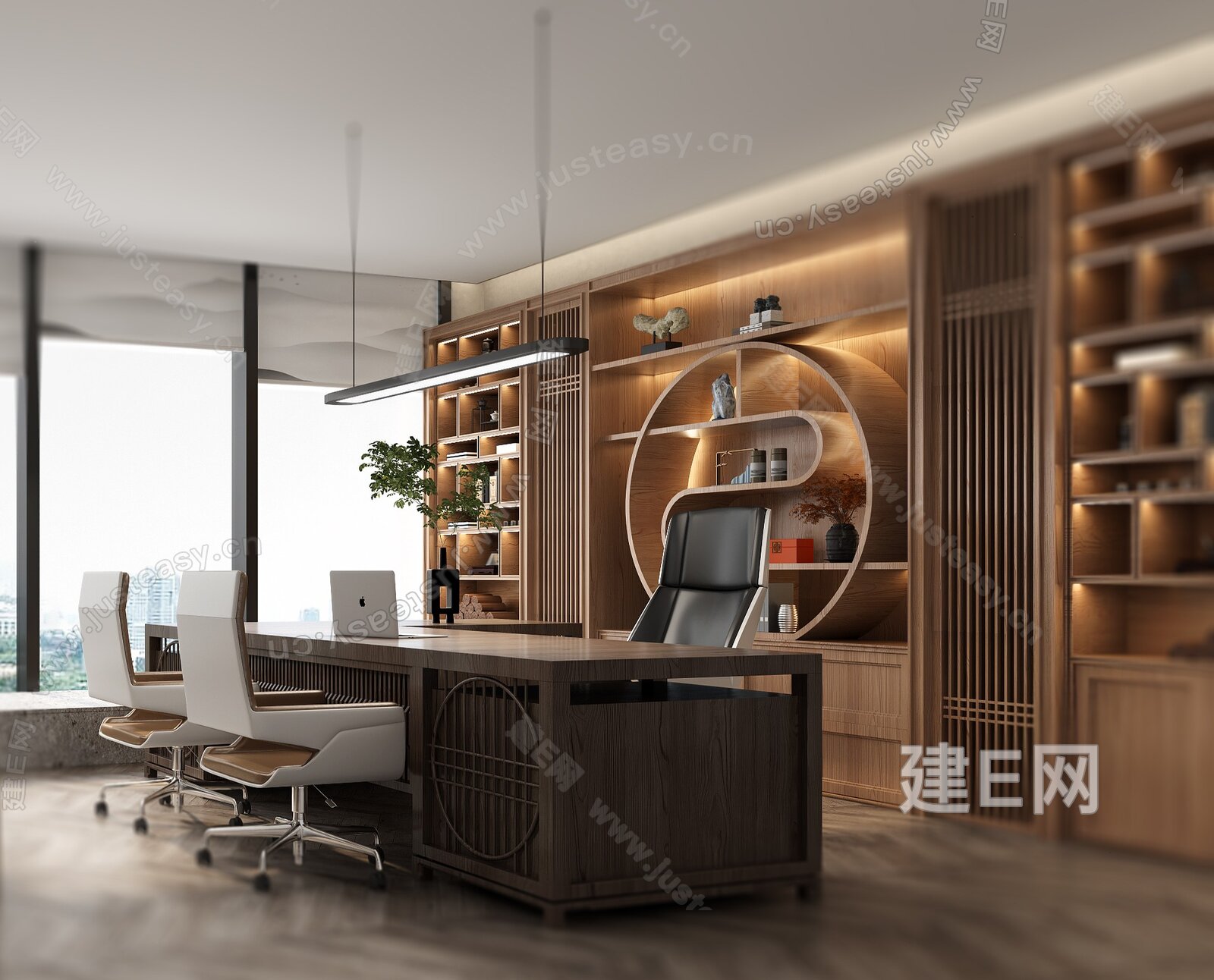 新中式办公室3d模型下载[ID:104024238]_建e网3d模型