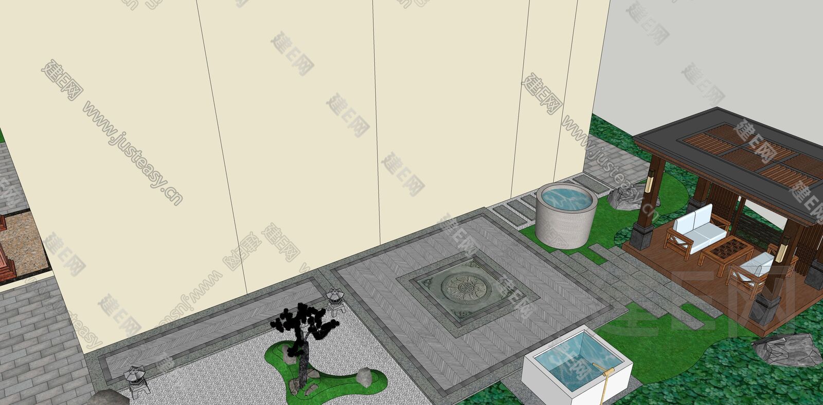 新中式禅意庭院景观模型SU模型下载[ID:110117503]_建E室内设计网