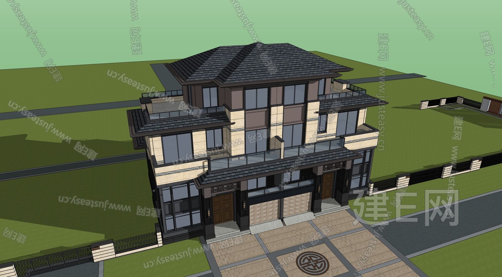 新中式别墅模型SU模型下载[ID:111690241]_建e网su模型