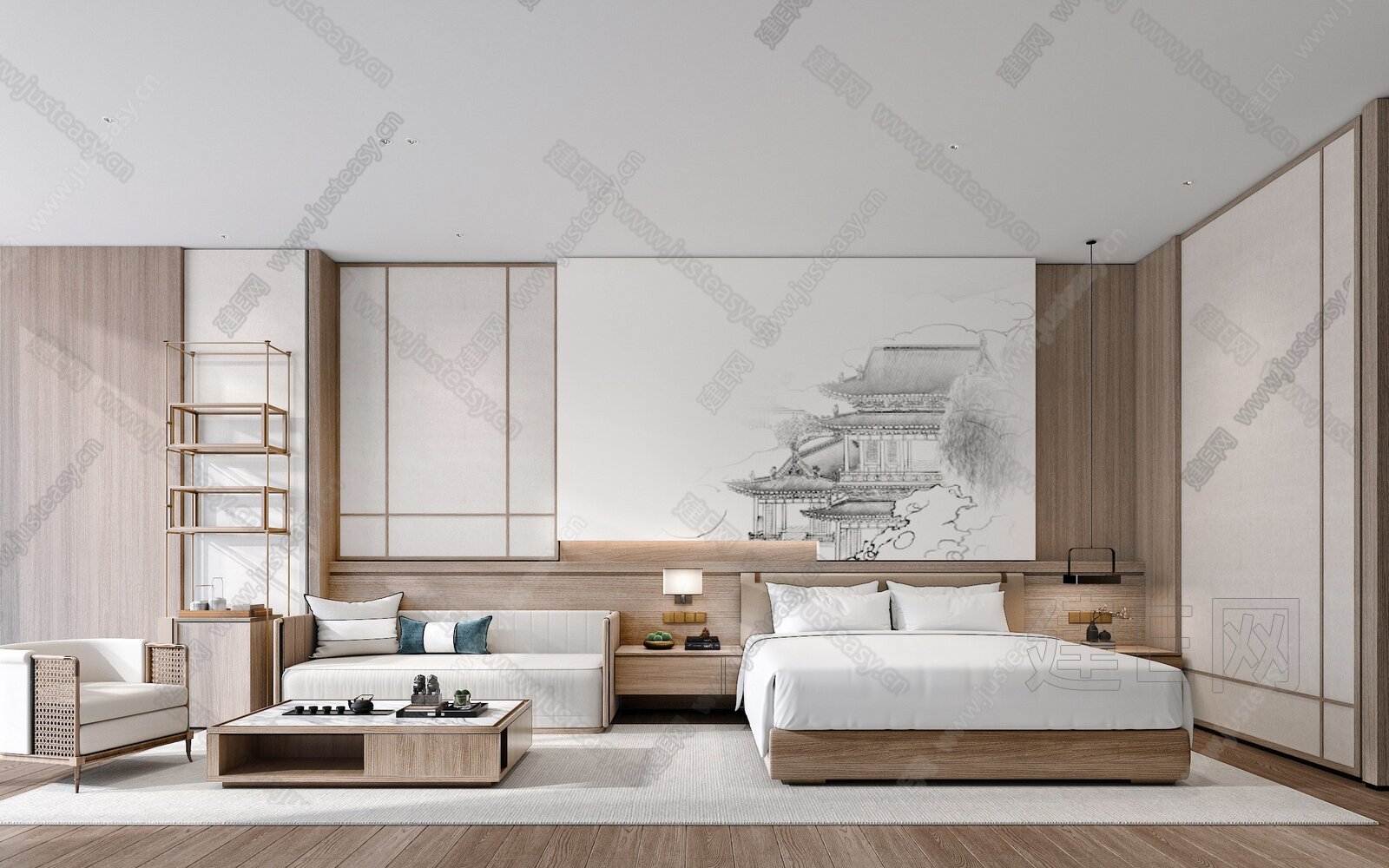 新中式酒店客房3d模型下载[ID:116803824]_建e网3d模型