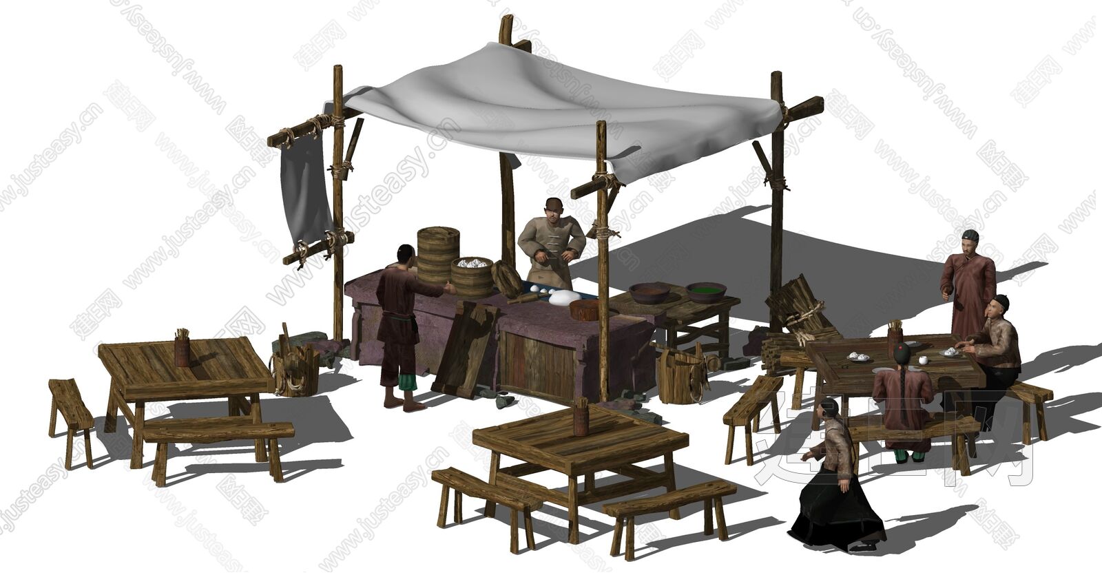 中式古代包子铺茶棚实木桌椅模型SU模型下载[ID:112607901]_建e网su模型