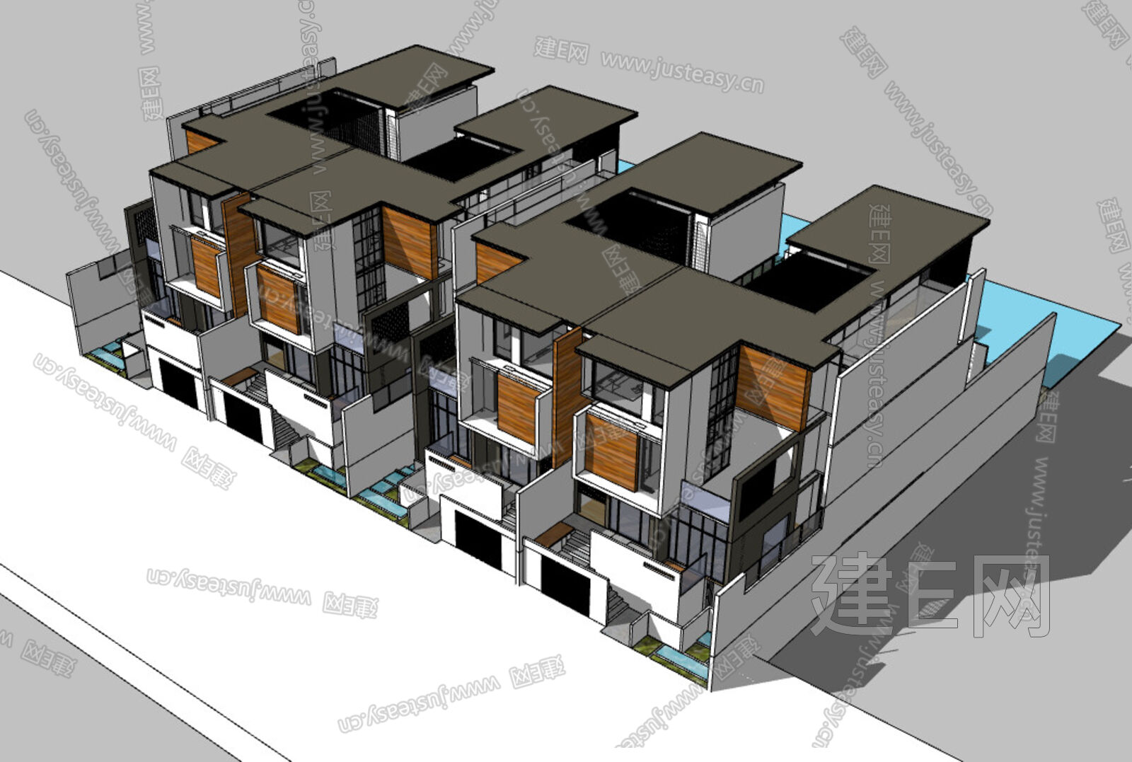 现代联排别墅模型SU模型下载[ID:113066606]_建e网su模型