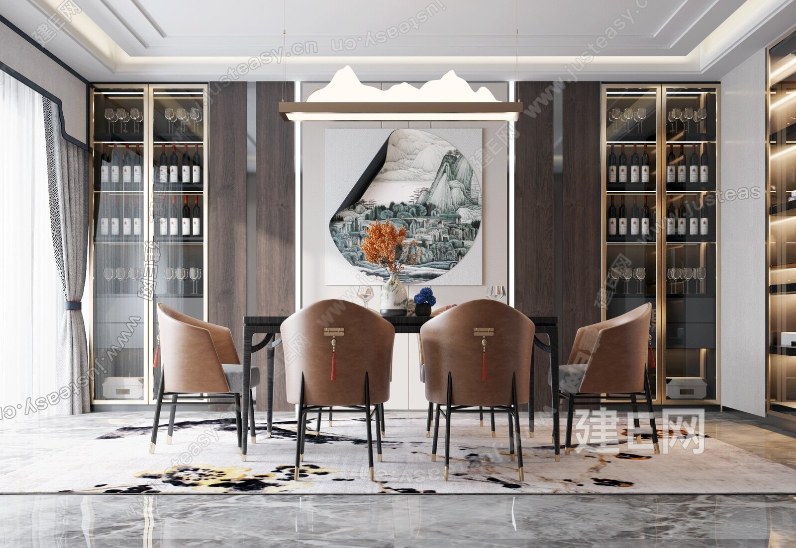 新中式餐厅模型SU模型下载[ID:110905376]_建E室内设计网