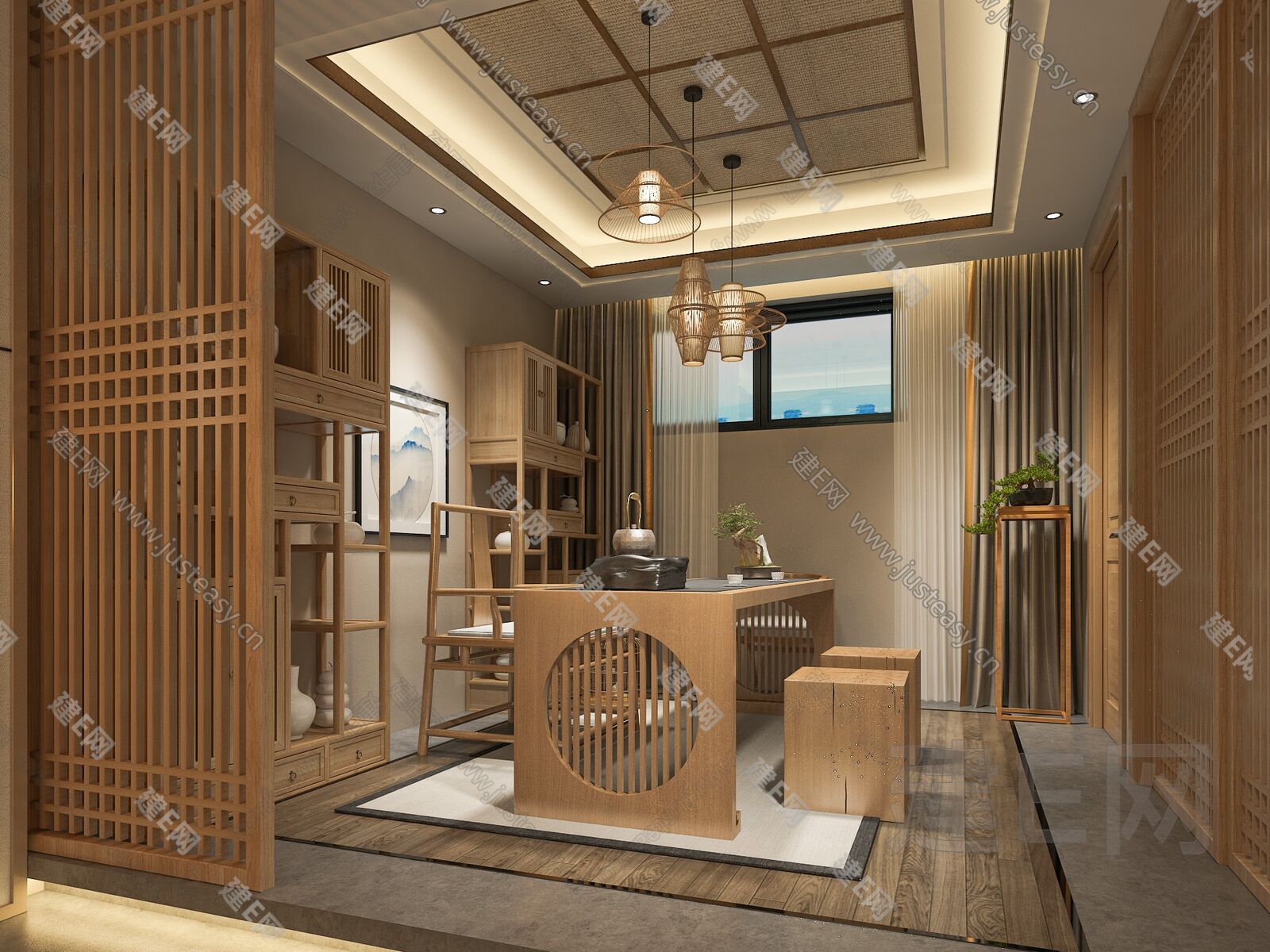 新中式茶室模型SU模型下载[ID:105071876]_建e网su模型