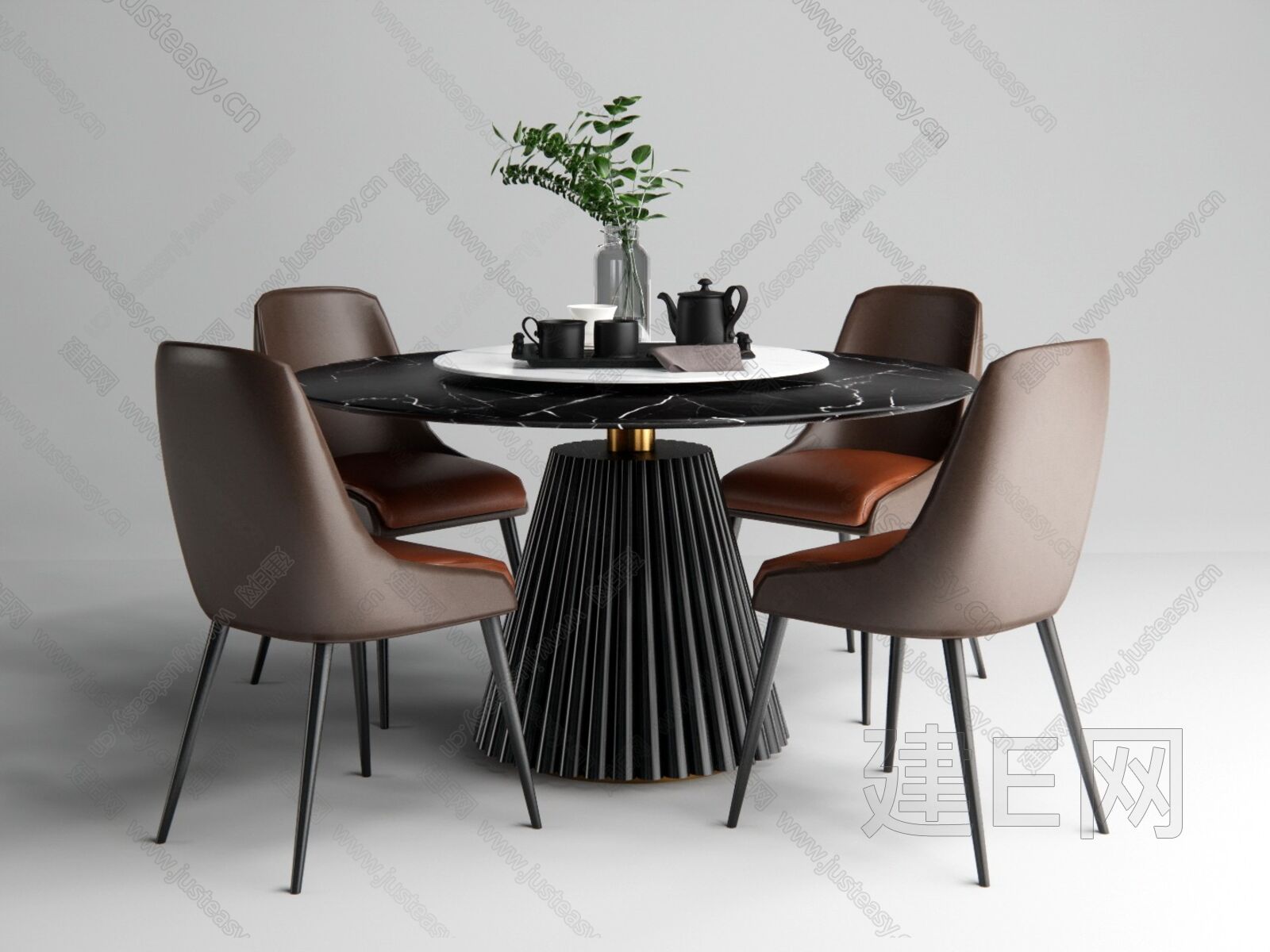新中式圆形餐桌椅、鼓凳、中式椅子组合3d模型下载_模型ID:25136-让提网