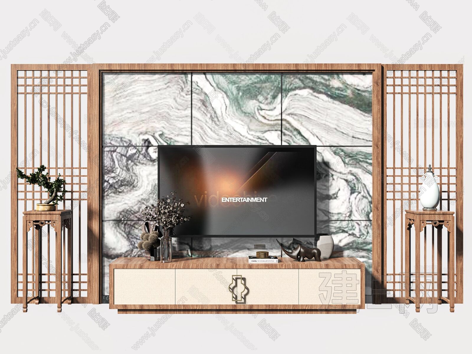 新中式电视背景墙组合-sketchup模型_sketchup模型库_建E室内设计网!