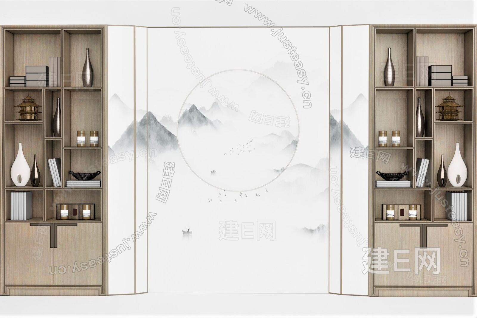 新中式书柜背景墙-sketchup模型_sketchup模型库_建E室内设计网!