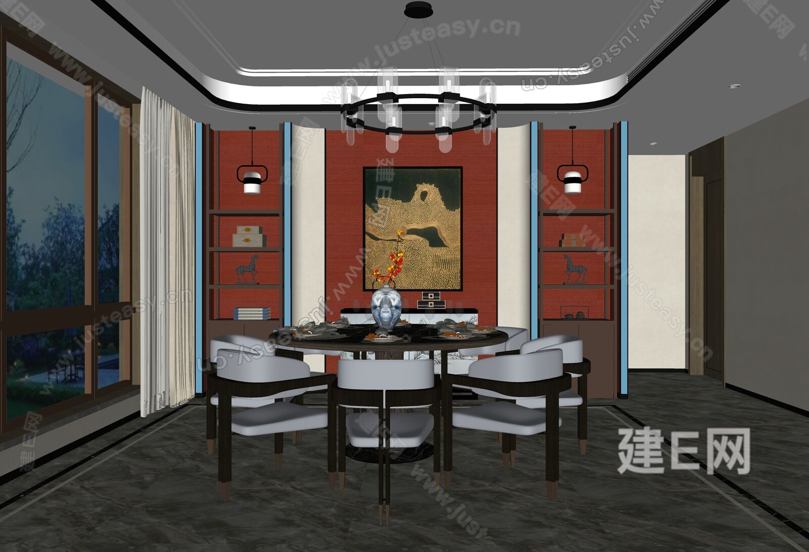 新中式餐厅模型SU模型下载[ID:107496851]_建e网su模型