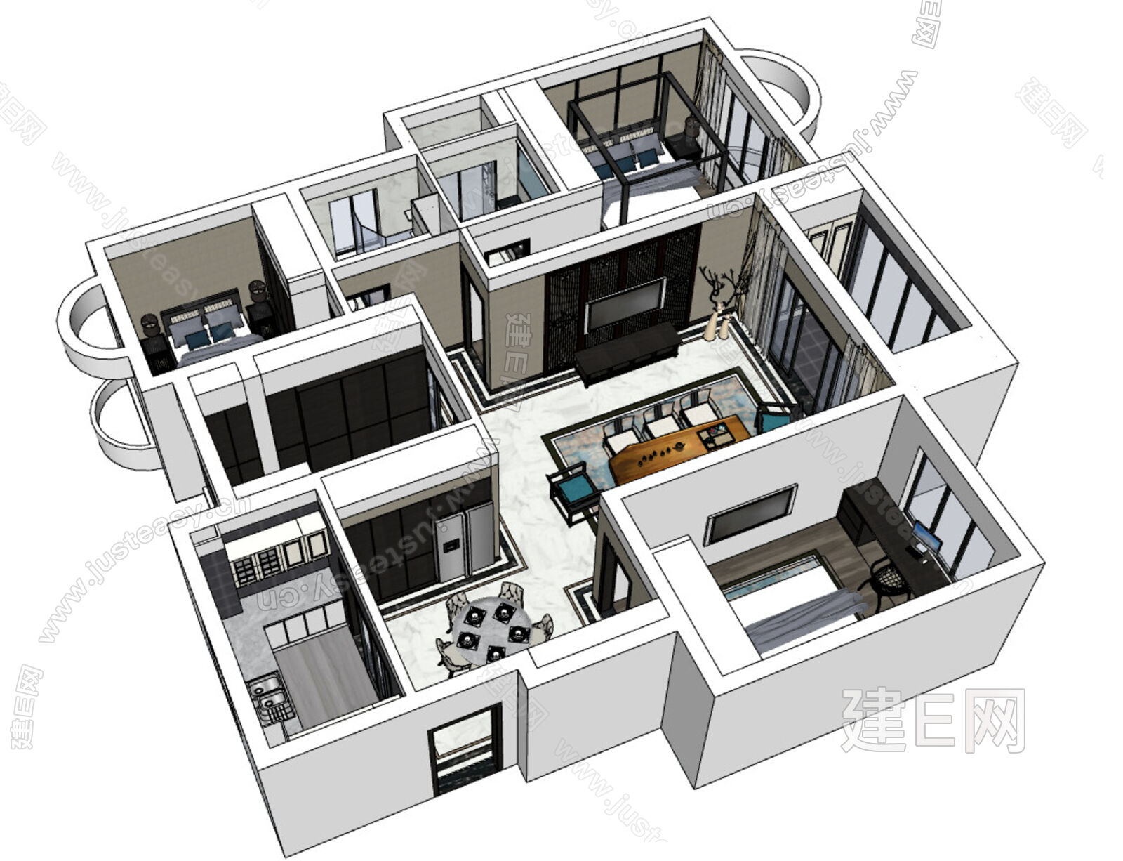 现代家装 整体方案模型SU模型下载[ID:107693547]_建e网su模型