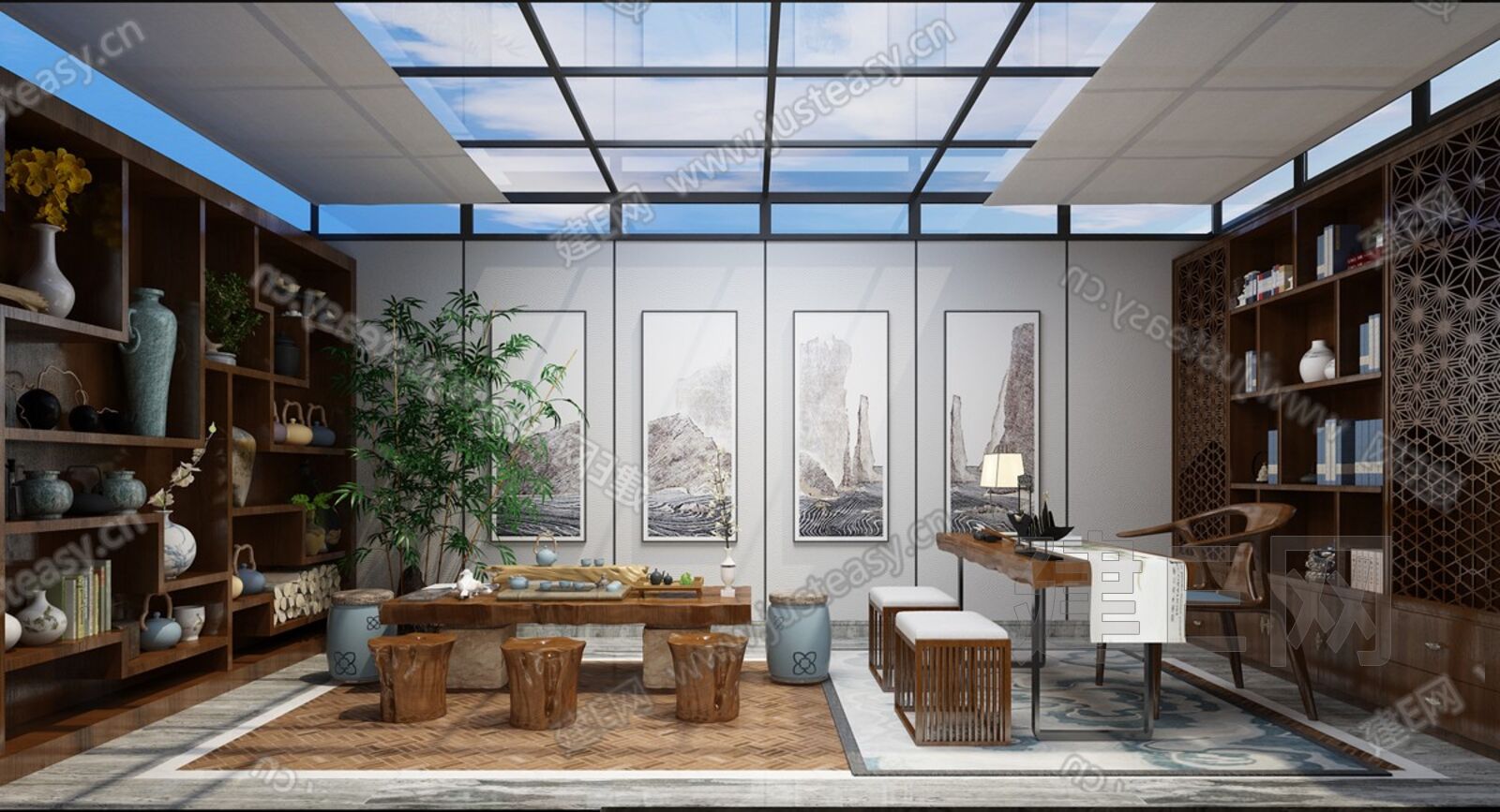新中式茶室 模型SU模型下载[ID:108283258]_建e网su模型