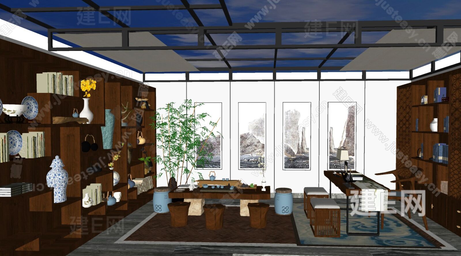 新中式茶室 模型SU模型下载[ID:108283258]_建e网su模型