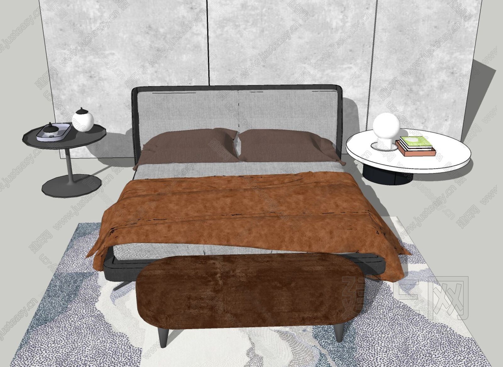 现代卧室双人床模型SU模型下载[ID:113721531]_建E室内设计网