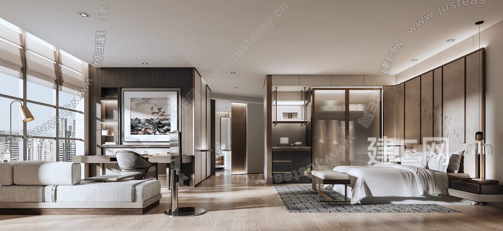 新中式酒店客房3d模型下载[ID:107957187]_建e网3d模型