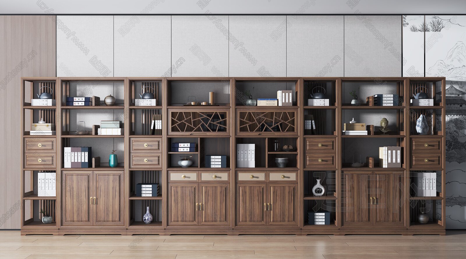 家庭书柜设计效果图,靠墙书桌书柜效果图,简单大气的书柜图片_大山谷图库