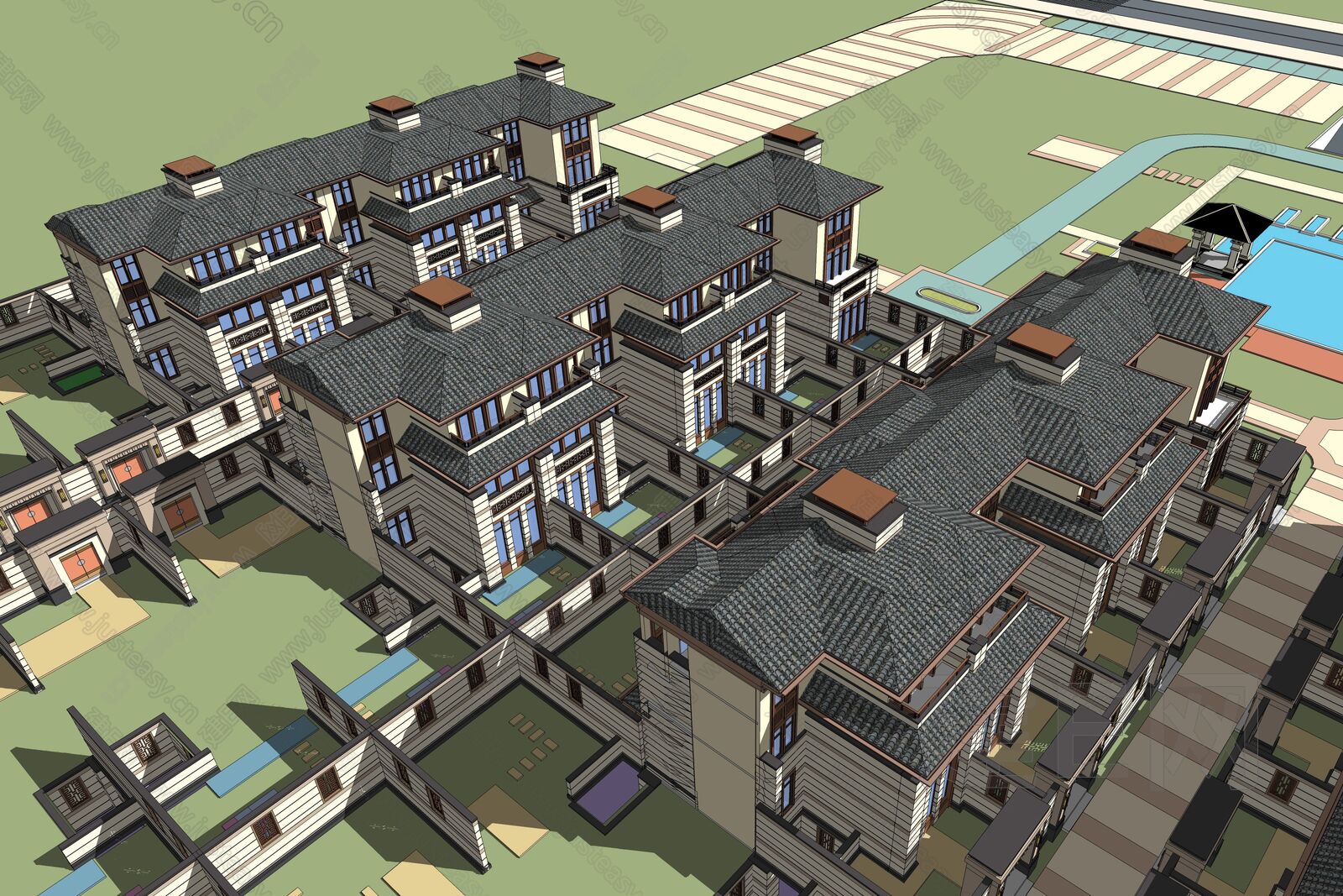 新中式别墅模型SU模型下载[ID:101533087]_建e网su模型
