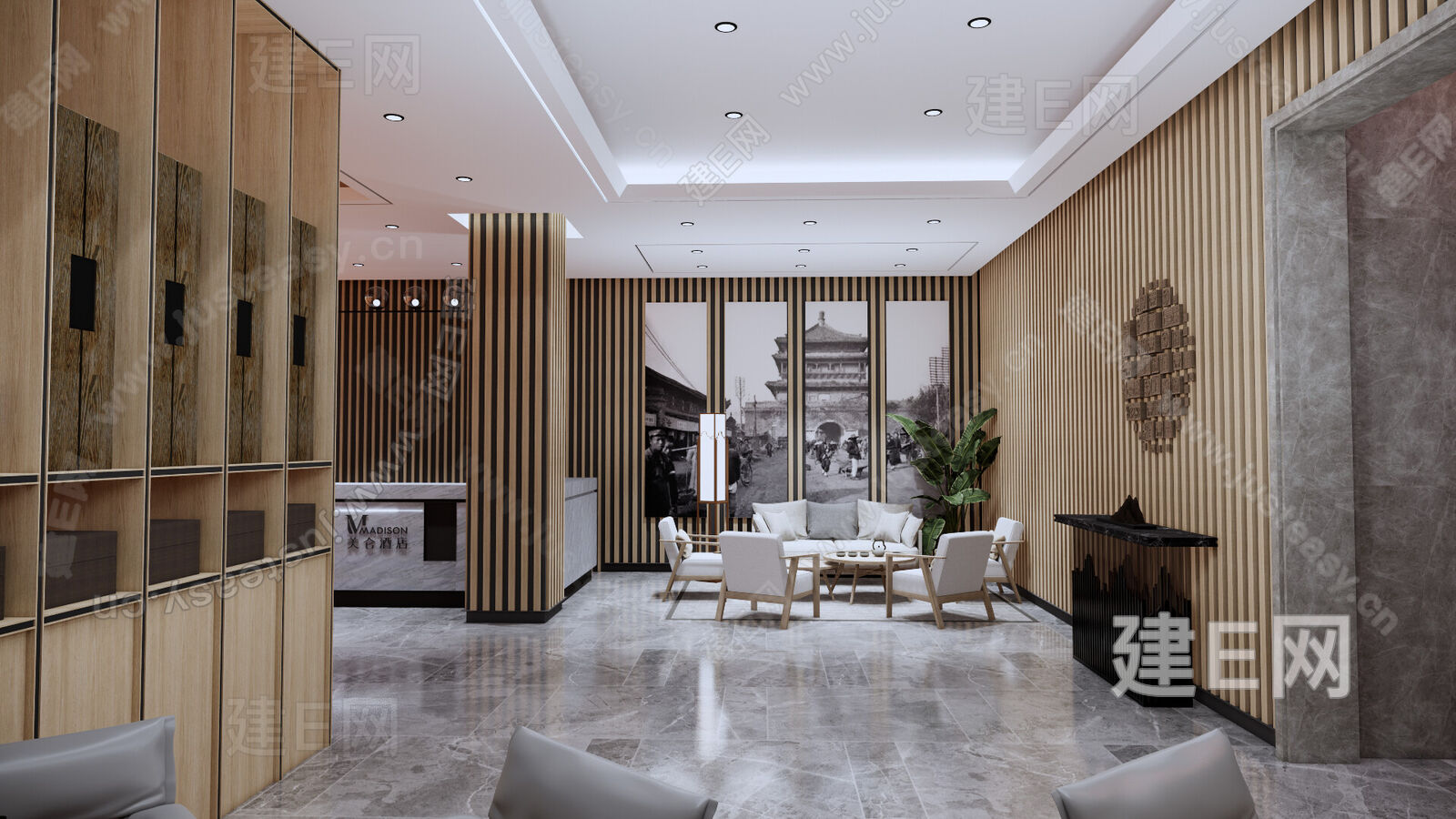 新中式酒店大堂模型SU模型下载[ID:101991912]_建e网su模型