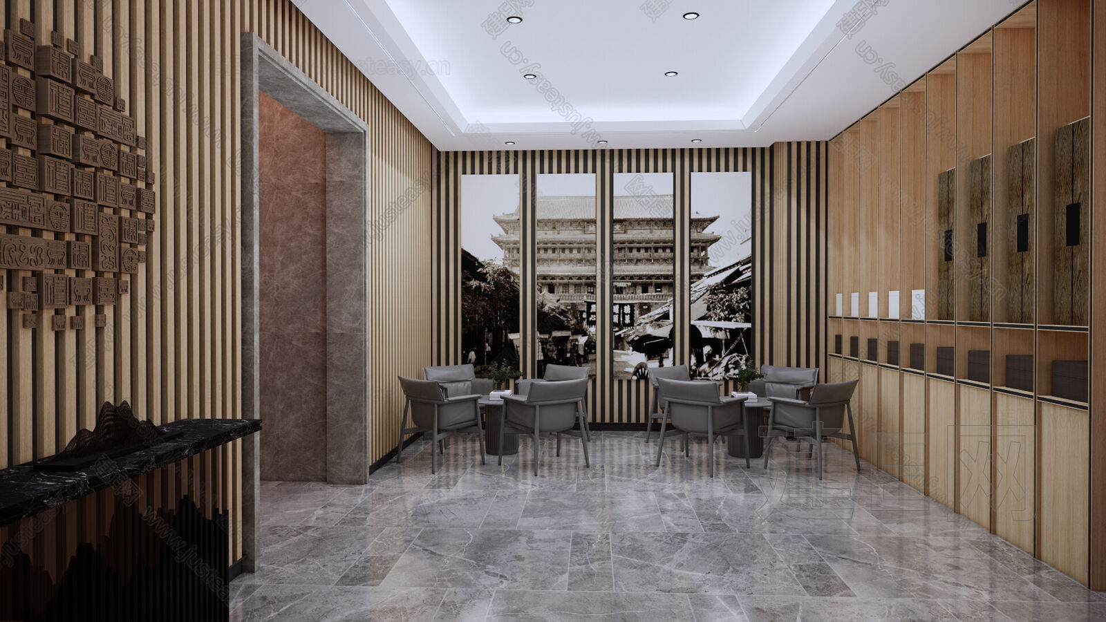 新中式酒店大堂模型SU模型下载[ID:101991912]_建e网su模型