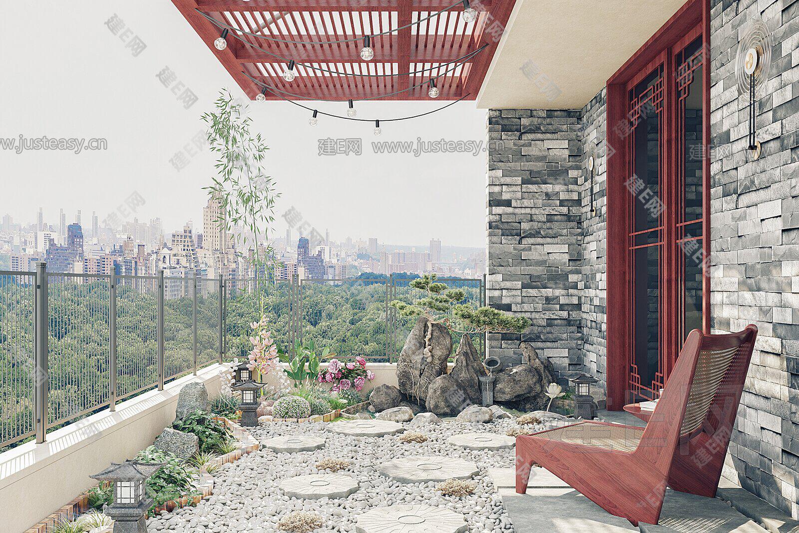 中式花园阳台露台3d模型