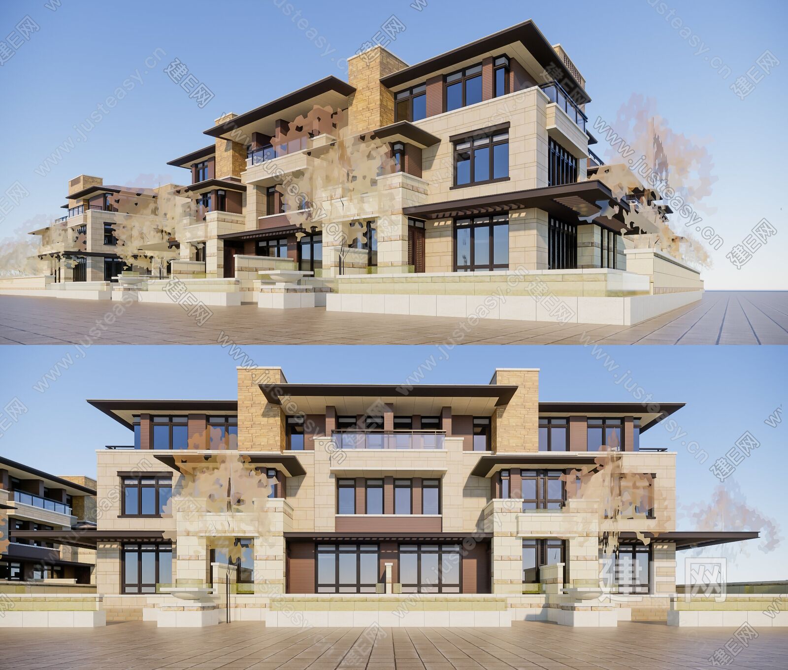 新中式联排别墅模型SU模型下载[ID:102778143]_建e网su模型