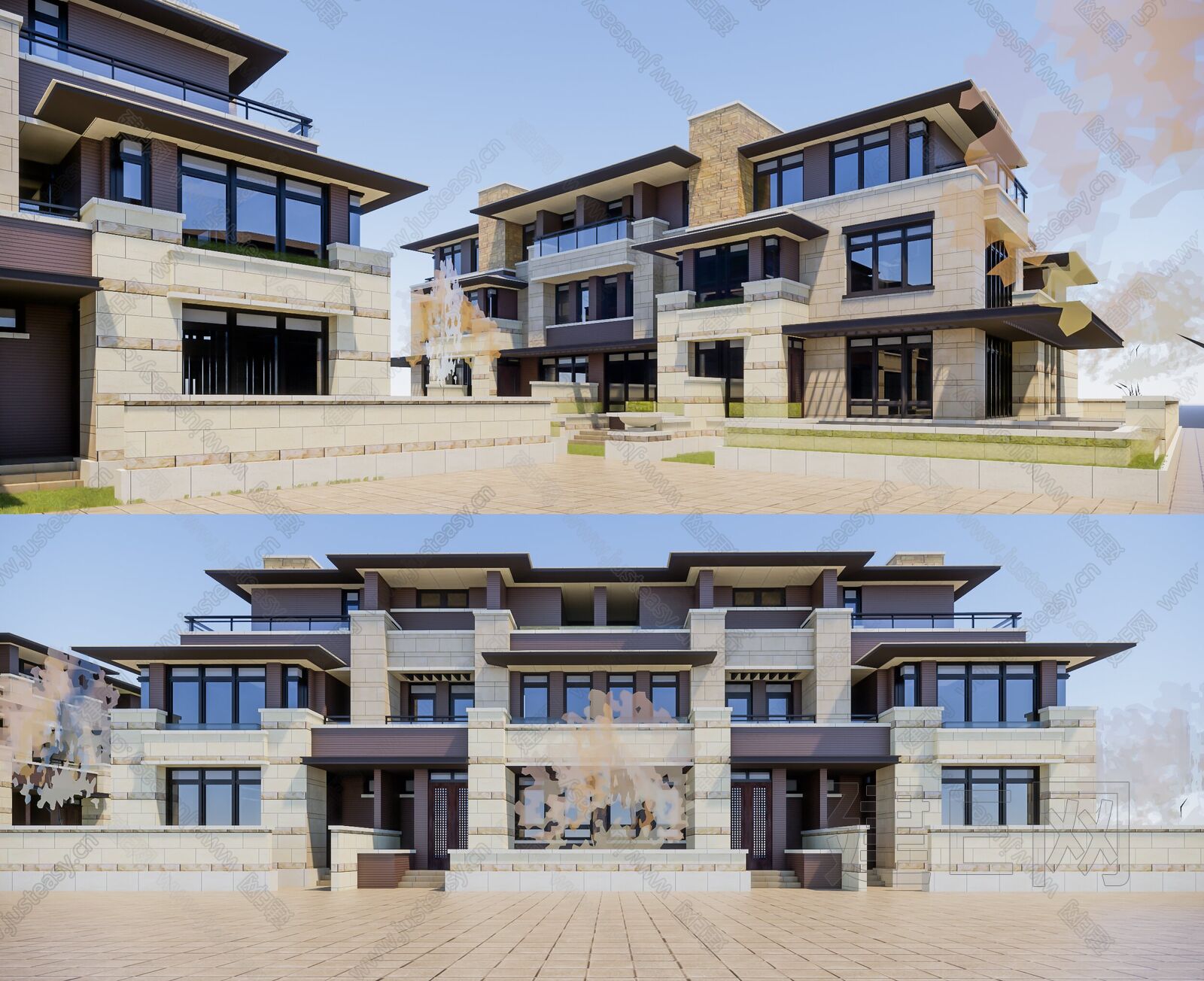新中式联排别墅模型SU模型下载[ID:102778143]_建e网su模型