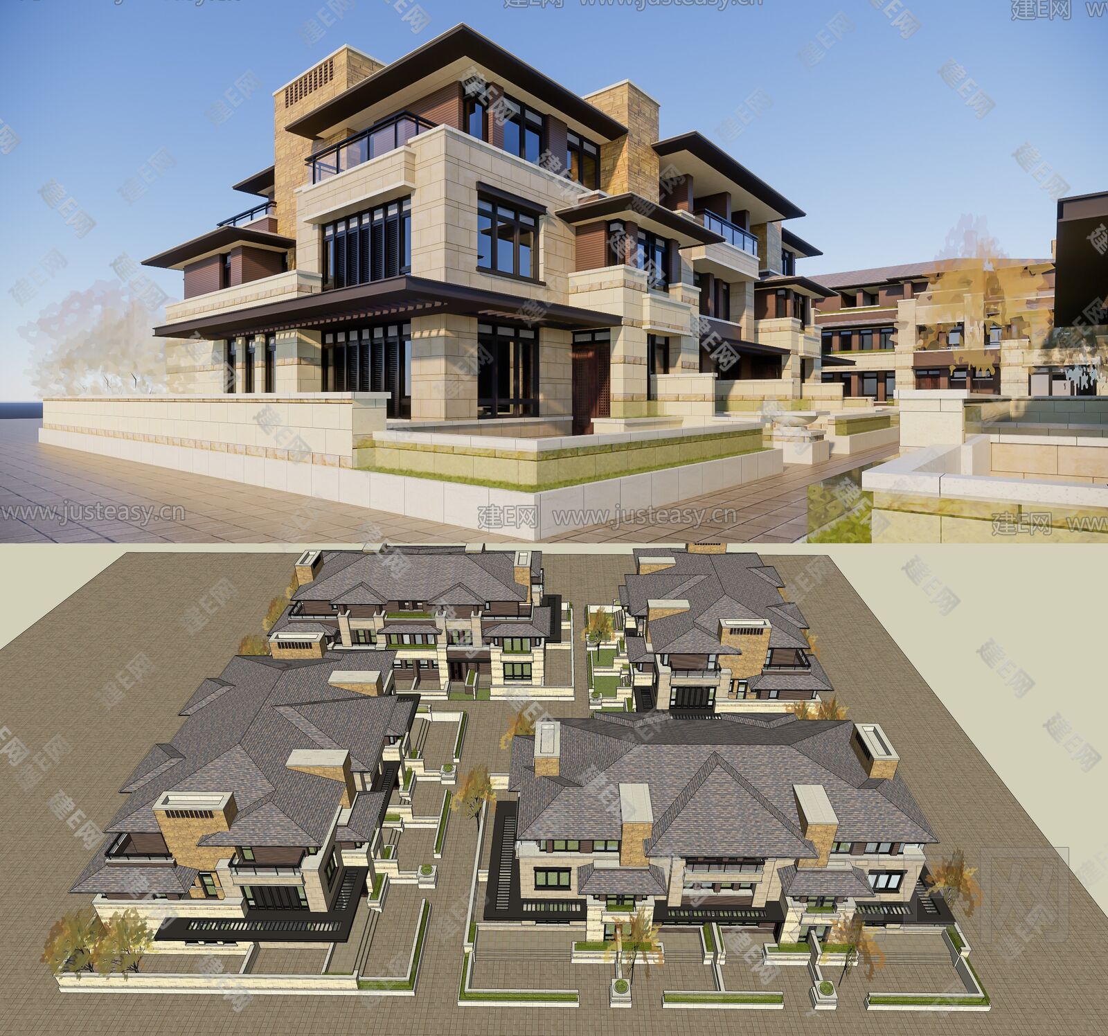 新中式联排别墅模型SU模型下载[ID:102778143]_建e网su模型