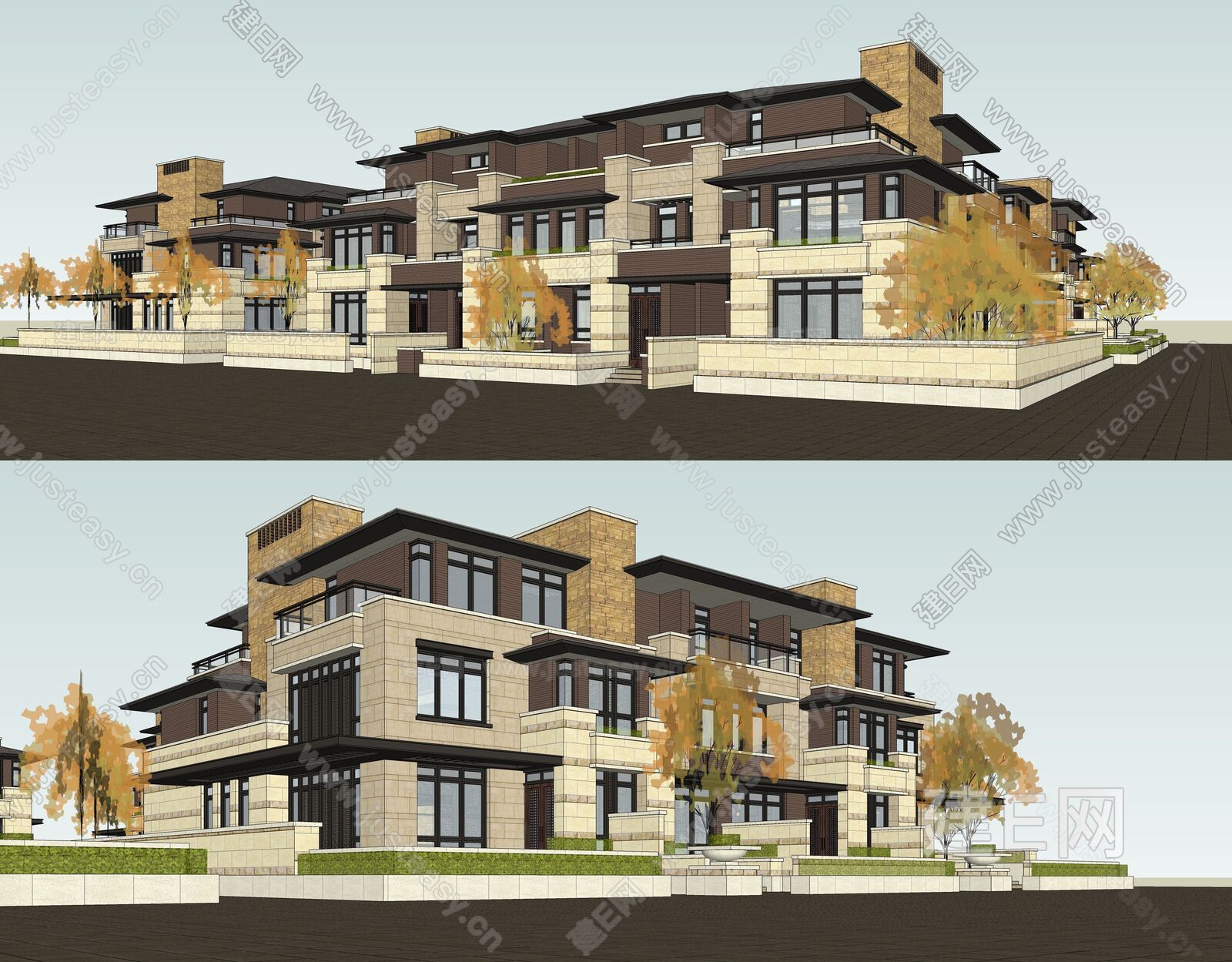 新中式联排别墅模型SU模型下载[ID:102778143]_建e网su模型