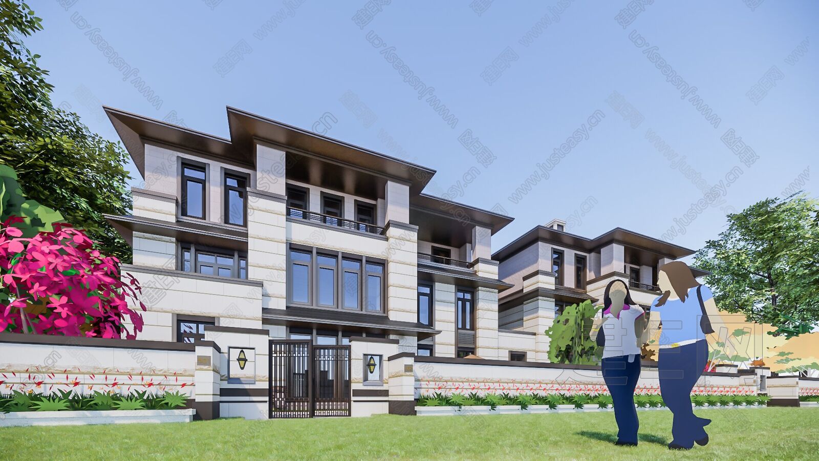 新中式合院联排别墅模型SU模型下载[ID:103302533]_建e网su模型