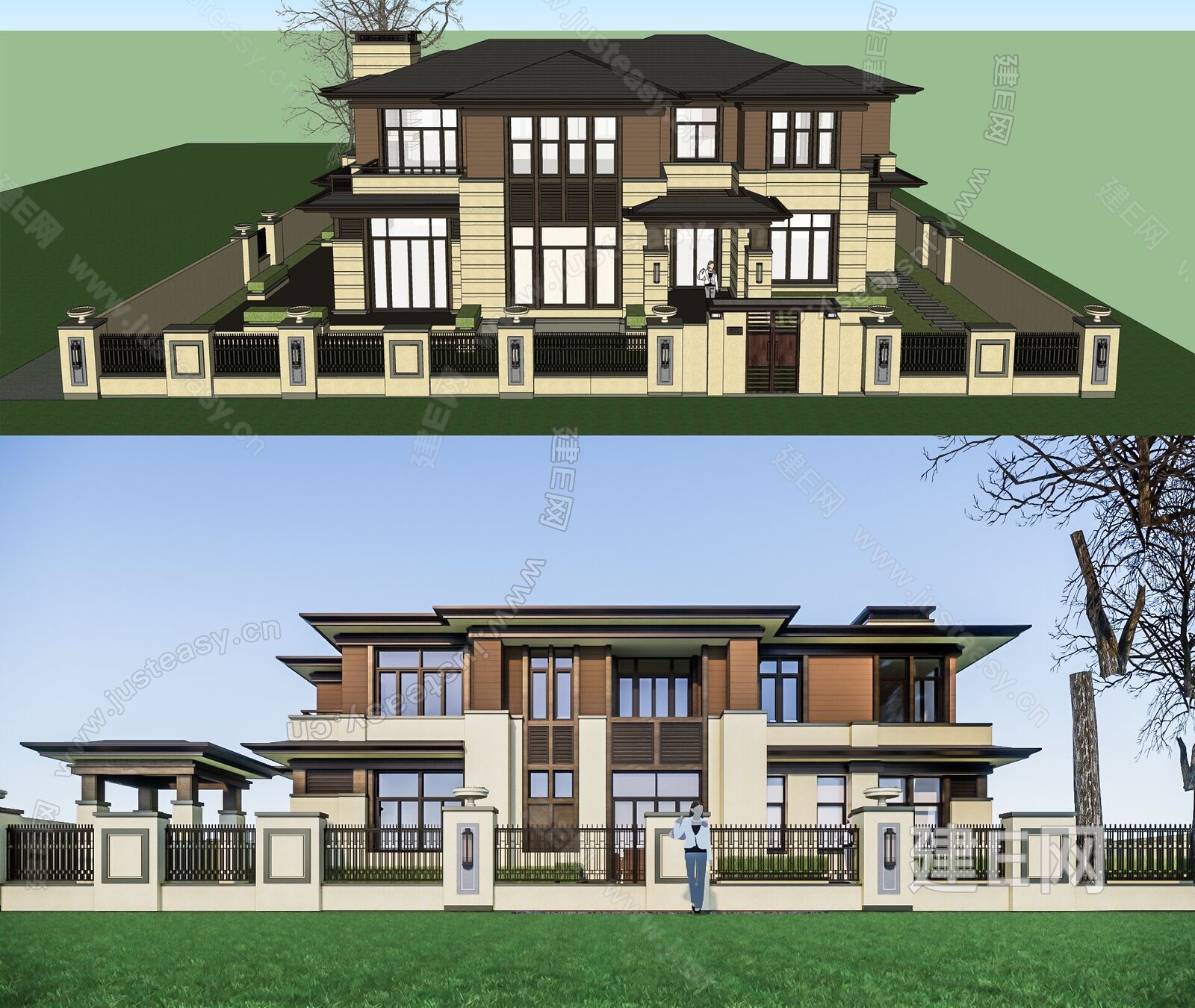 新中式别墅模型SU模型下载[ID:103302628]_建e网su模型