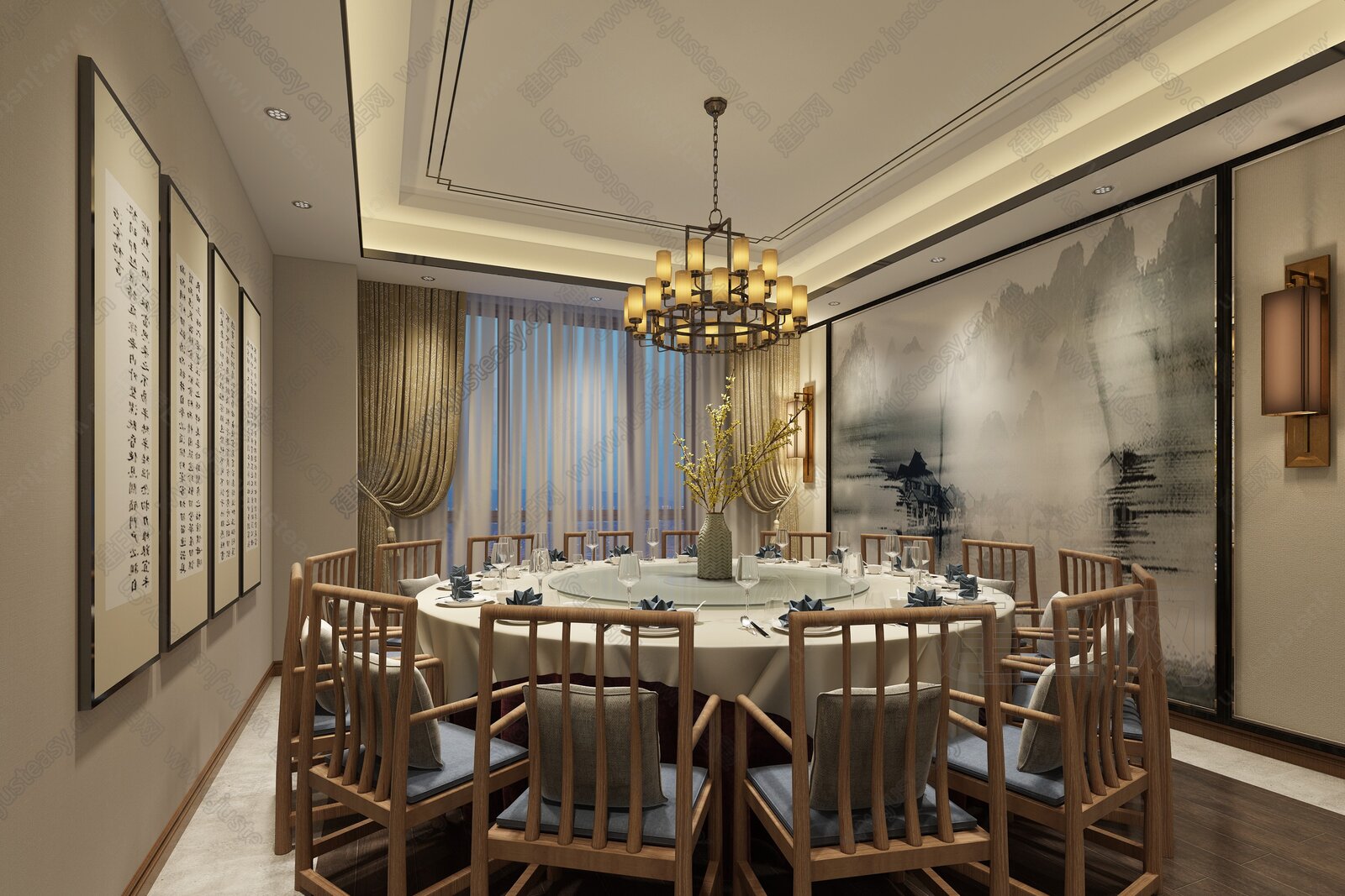 新中式餐厅包间3d模型下载[ID:115297242]_建e网3d模型
