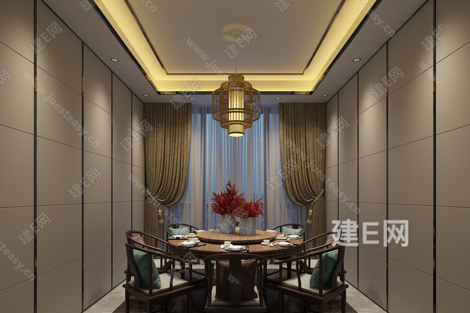 新中式餐厅包间3d模型下载[ID:115297242]_建e网3d模型