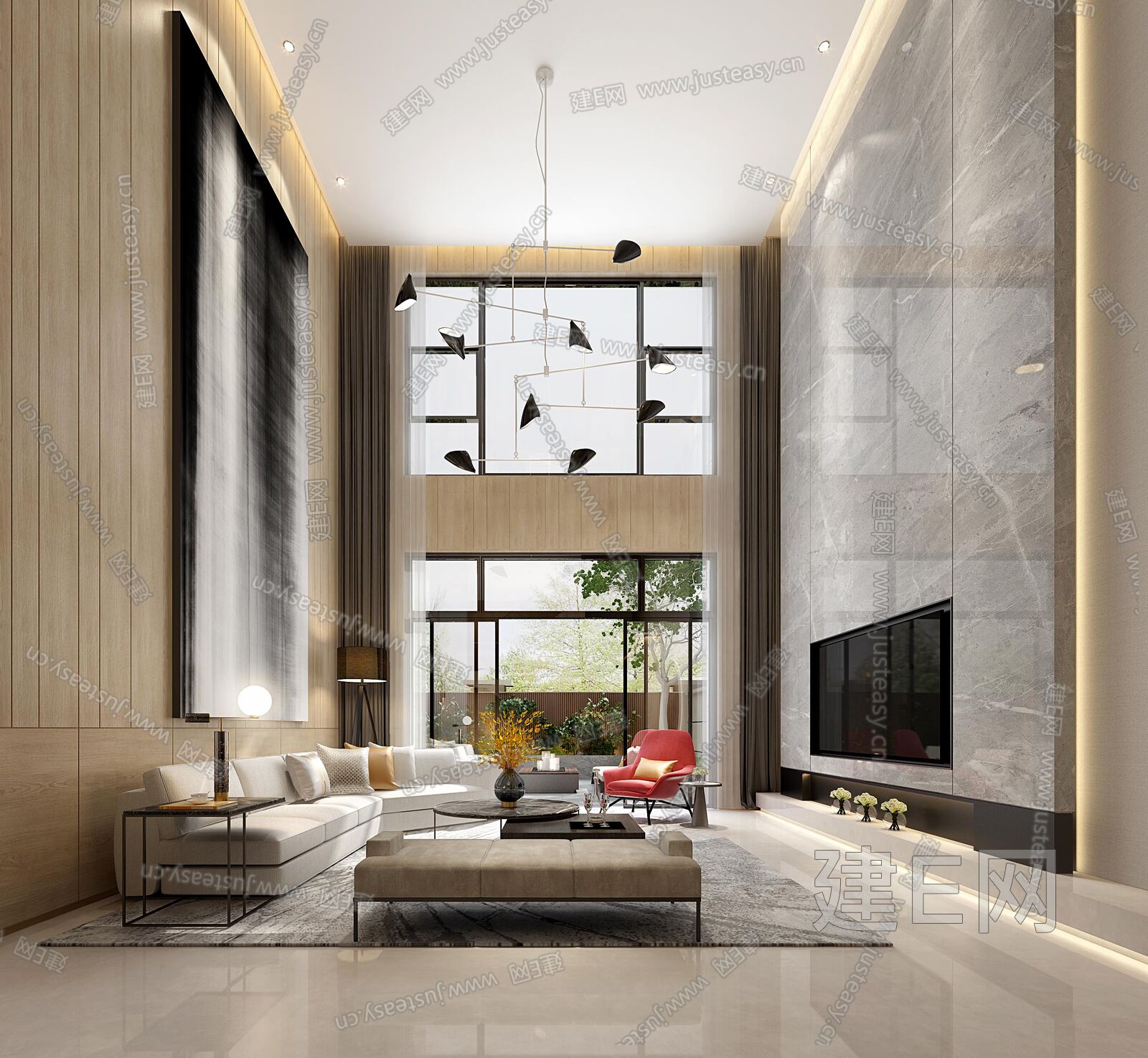 新中式挑空别墅客厅-sketchup模型_sketchup模型库_建E室内设计网!