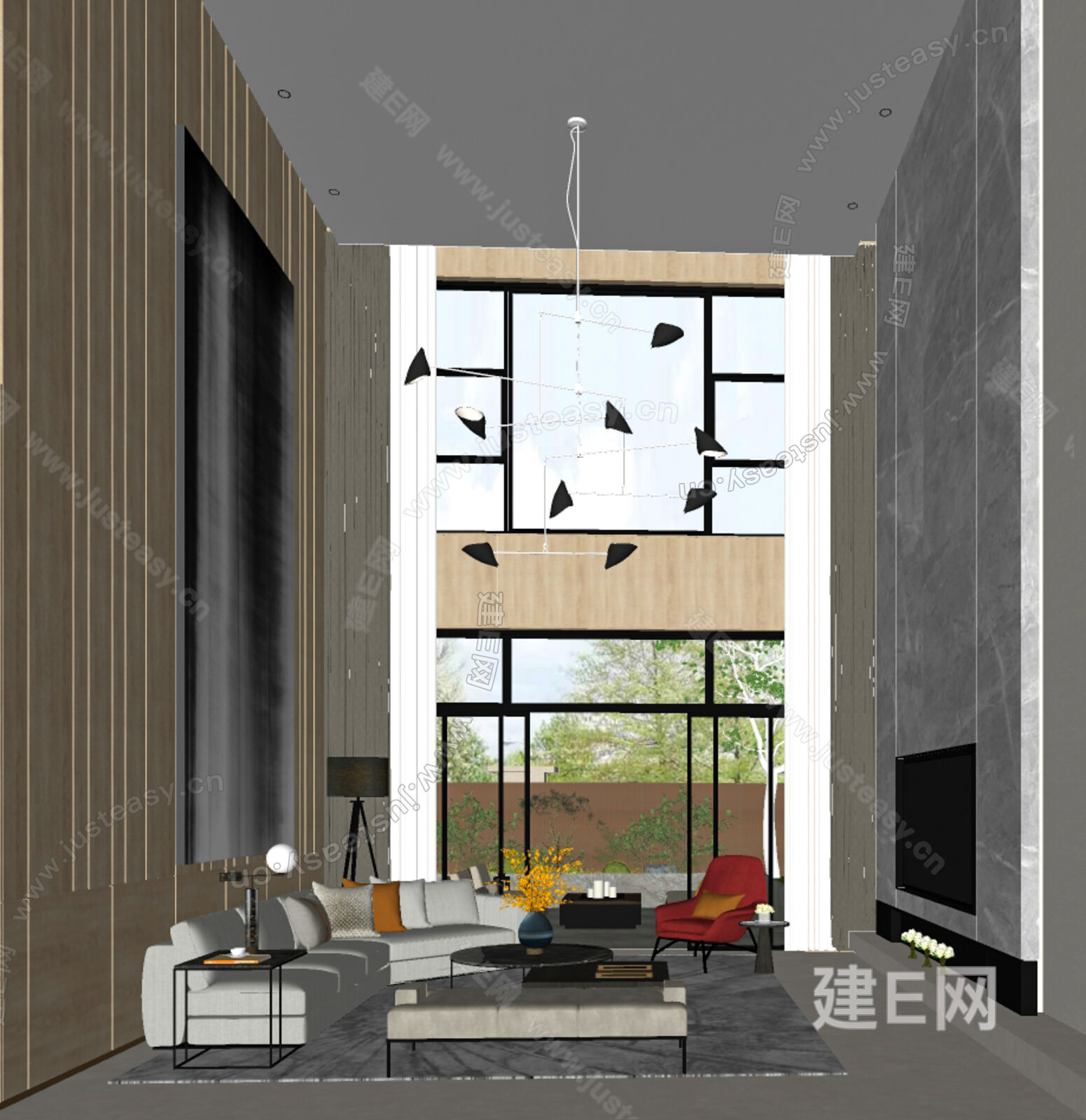 新中式挑空别墅客厅 模型SU模型下载[ID:104547783]_建e网su模型