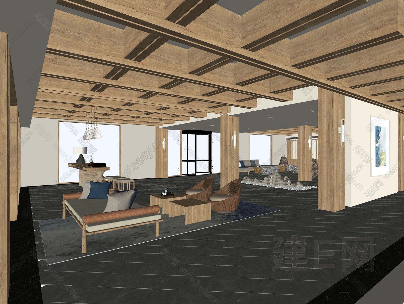 新中式民宿大厅-sketchup模型_sketchup模型库_建E室内设计网!
