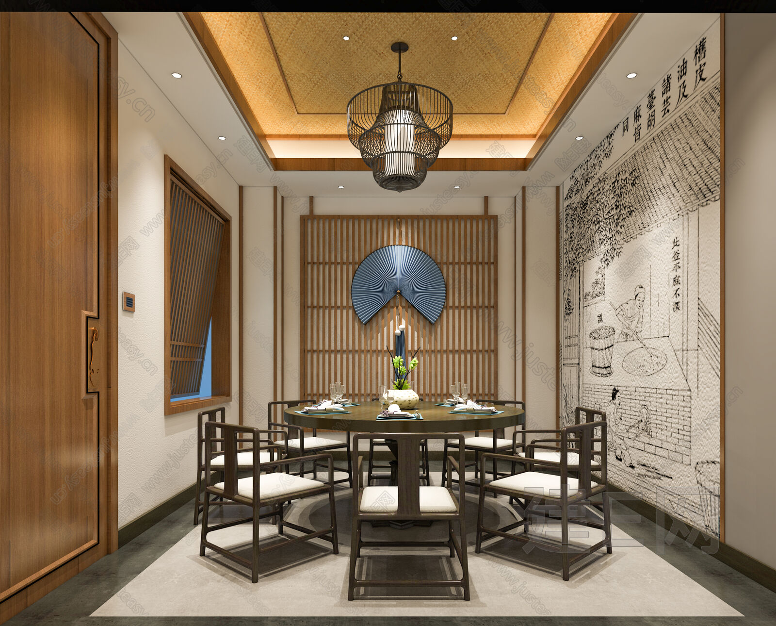 新中式餐厅包厢模型SU模型下载[ID:113460663]_建E室内设计网