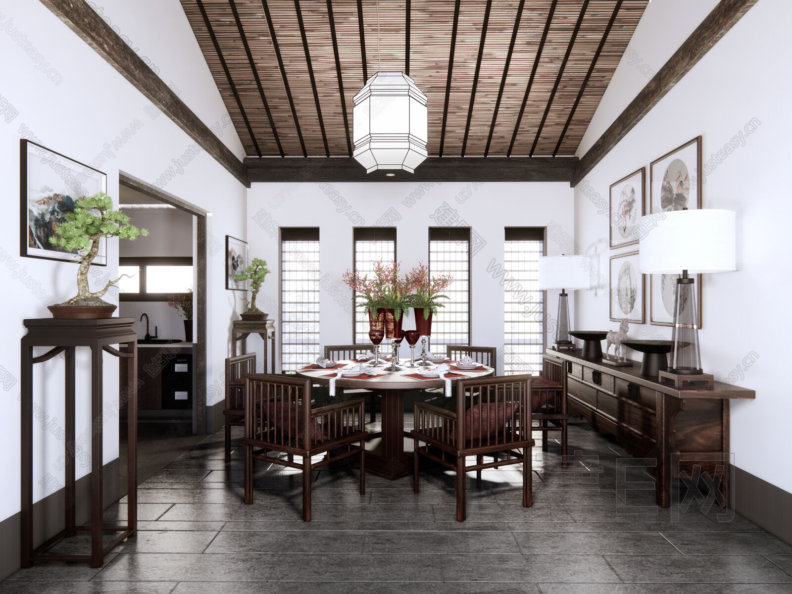 新中式餐厅模型SU模型下载[ID:114574810]_建e网su模型
