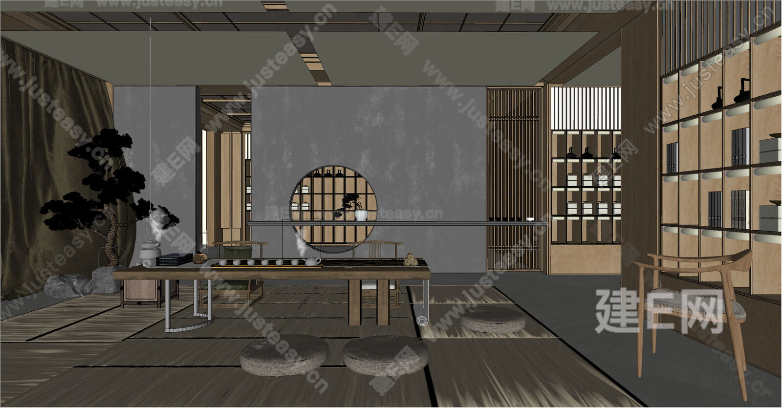 新中式茶室模型SU模型下载[ID:114443644]_建e网su模型