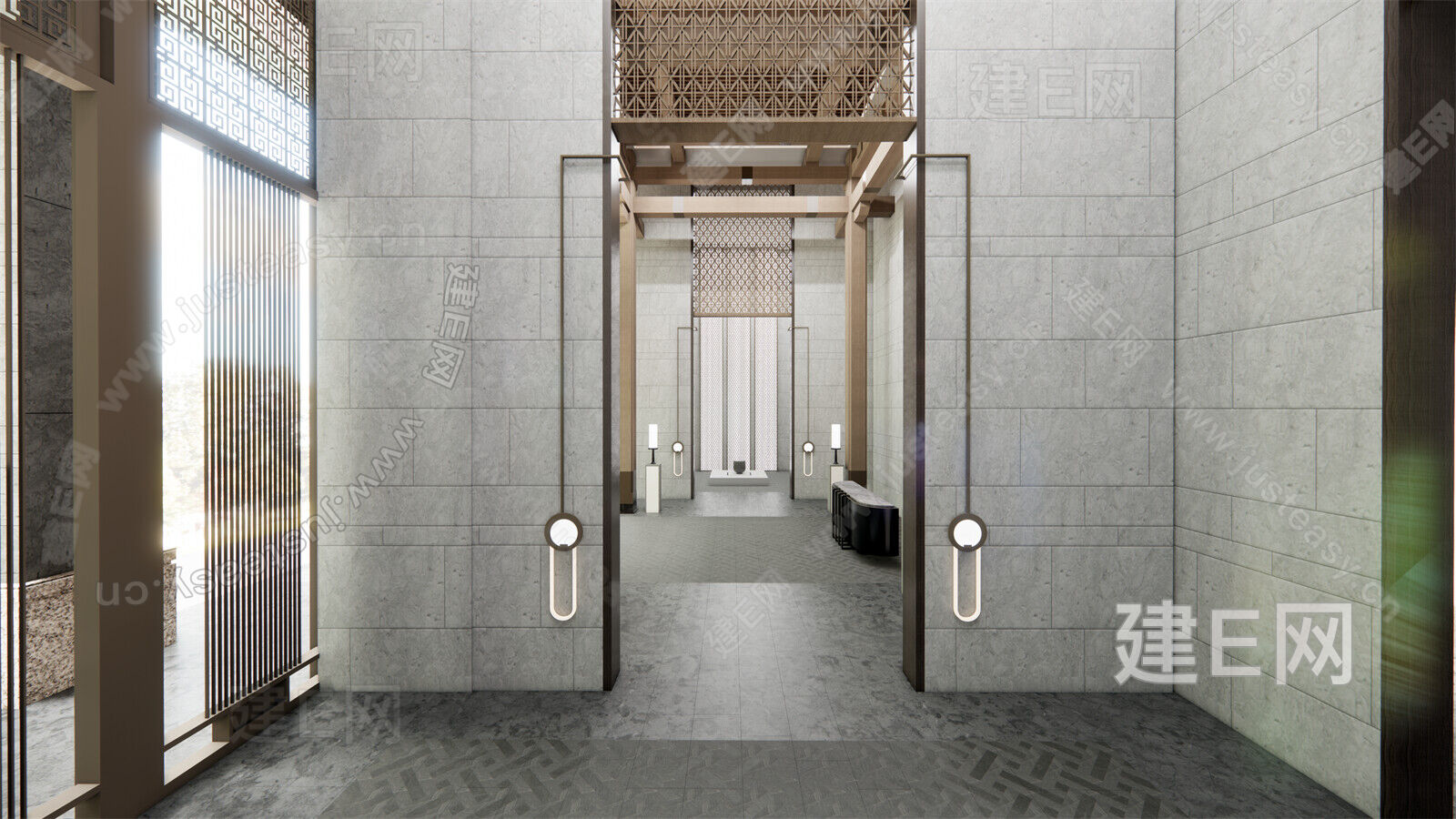 新中式酒店大堂模型SU模型下载[ID:114836783]_建e网su模型