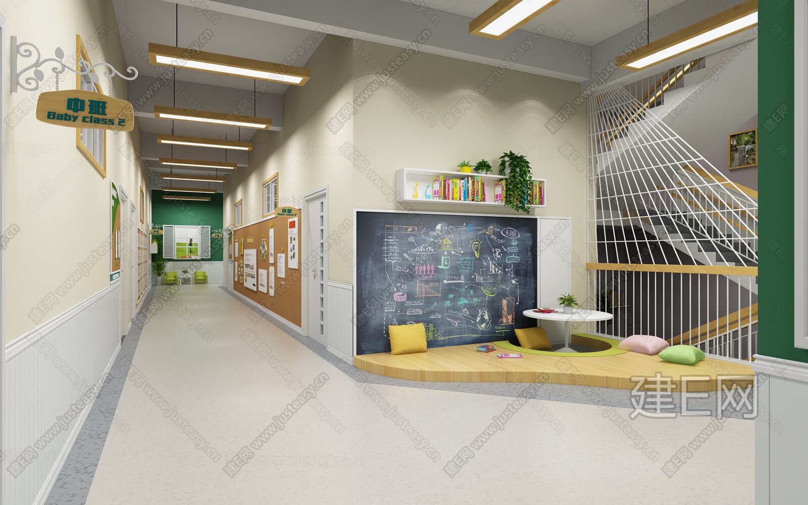 现代幼儿园走廊模型SU模型下载[ID:105269470]_建E室内设计网