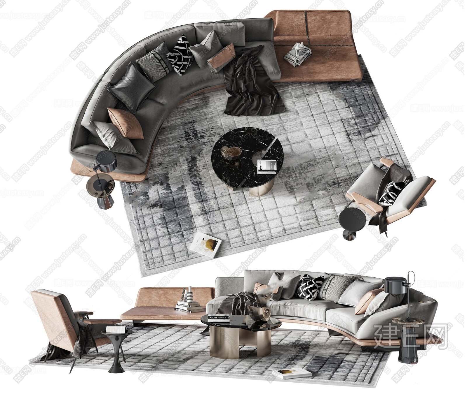 现代沙发茶几组合模型SU模型下载[ID:102517160]_建E室内设计网