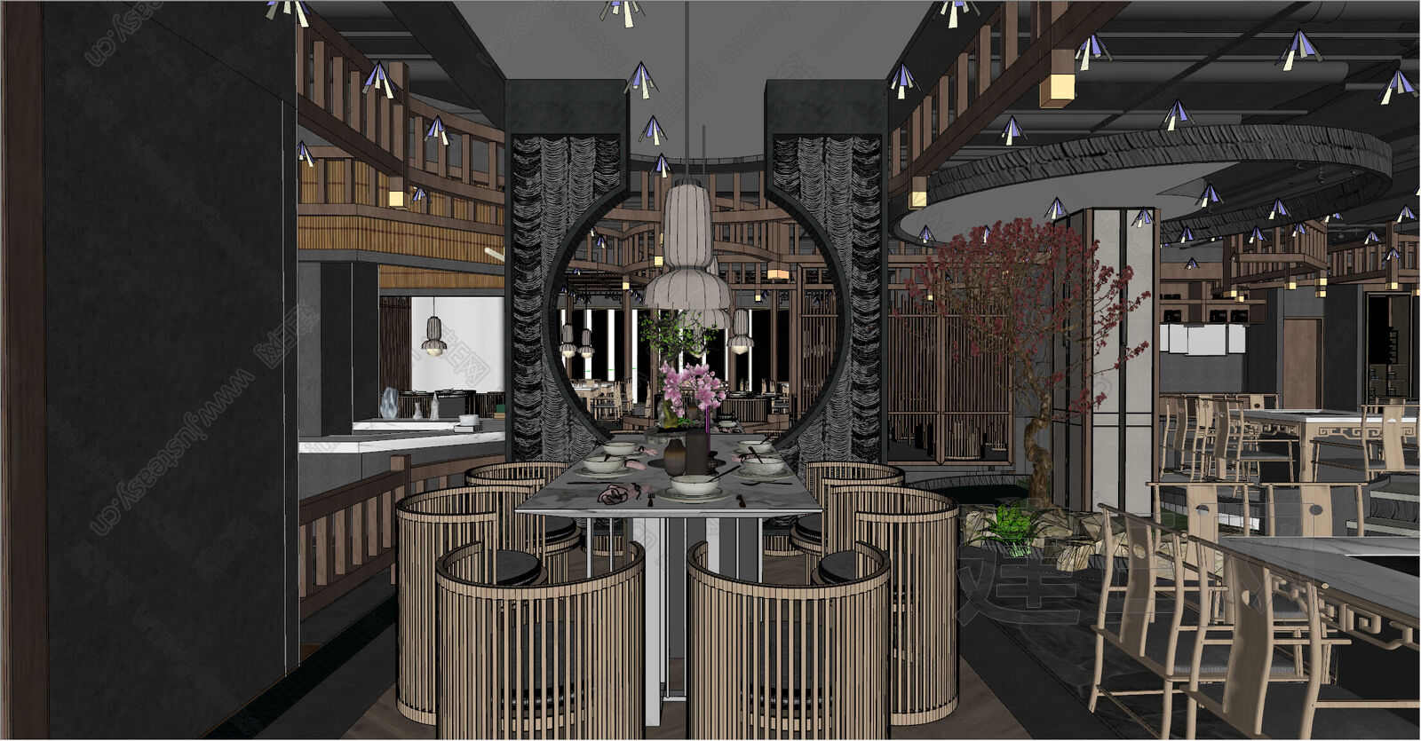 新中式火锅店模型SU模型下载[ID:115492219]_建e网su模型