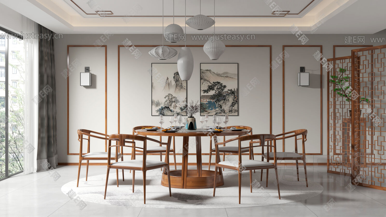 新中式餐厅模型SU模型下载[ID:116081990]_建e网su模型